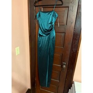 Emerald‎ Sundae Womens Teal Satin Ruched Maxi Dress High Slit Formal Gown Small